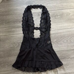 Frederick's of Hollywood Lace Halter Lingerie W Ruffled Skirt & Attached Thong